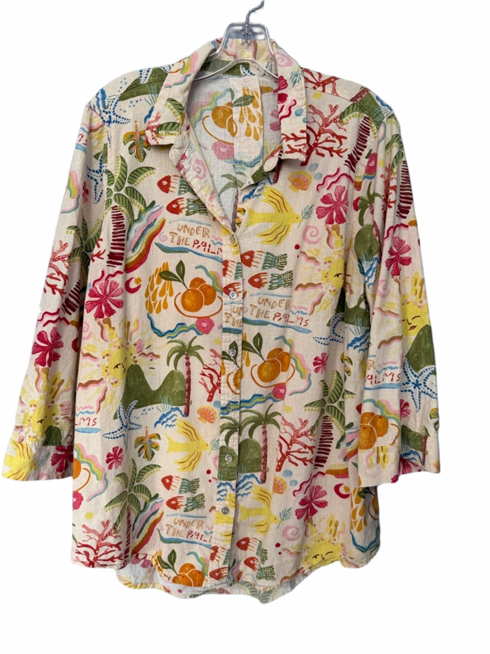 Calypso St. Barth L tropical Print Button-Up Shirt Palm Fruit Floral 3/4 Sleeve